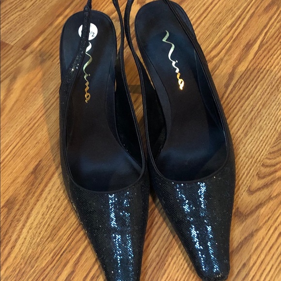 NINA Black Glitter Slingback Heels S9.5 - Picture 2 of 8